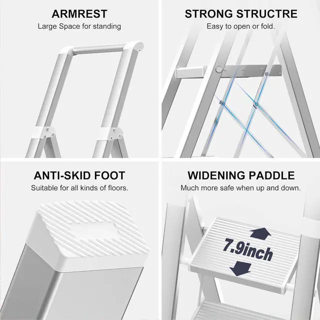 Alt view image 6 of 7 - GameGem 6 Step Ladder for 12 Feet High Ceiling, Lightweight Aluminum Folding Step Stool with Convenient Handgrip, Stepladders with Anti-Slip and Wide Pedal for Home Use Space Saving - White