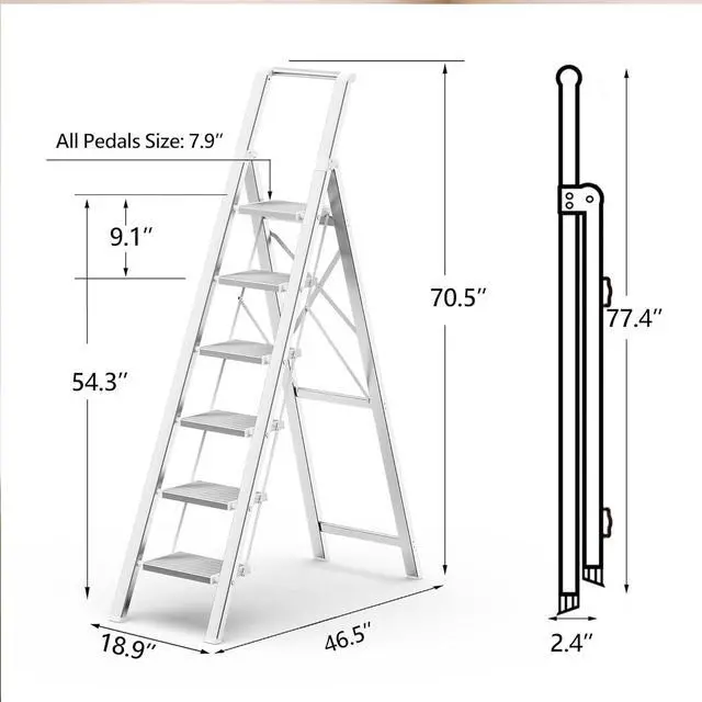 Alt view image 7 of 7 - GameGem 6 Step Ladder for 12 Feet High Ceiling, Lightweight Aluminum Folding Step Stool with Convenient Handgrip, Stepladders with Anti-Slip and Wide Pedal for Home Use Space Saving - White