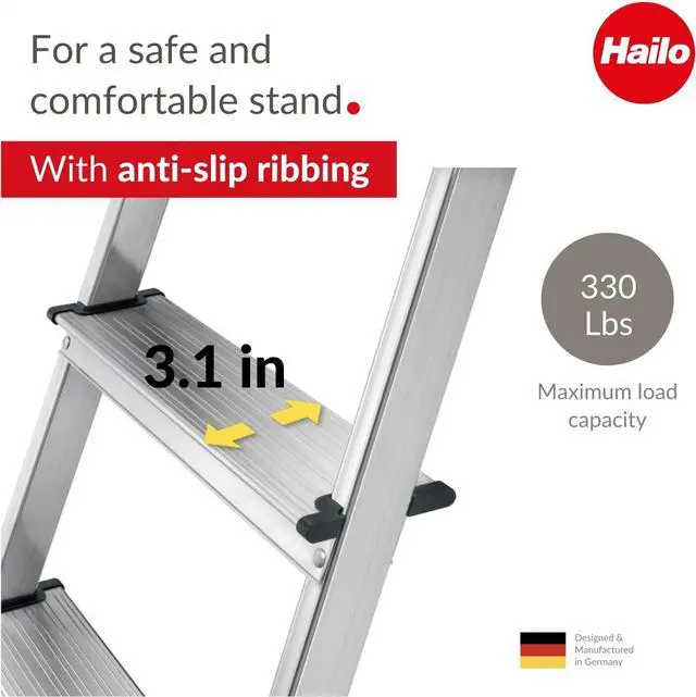 Alt view image 2 of 6 - Hailo L60 StandardLine Aluminum Safety Step Ladder - Folding Ladder With 8 Steps, 330 lb Capacity - Stable Guide Pillar, Shelf Included - Made in Germany, Stainless - Silver
