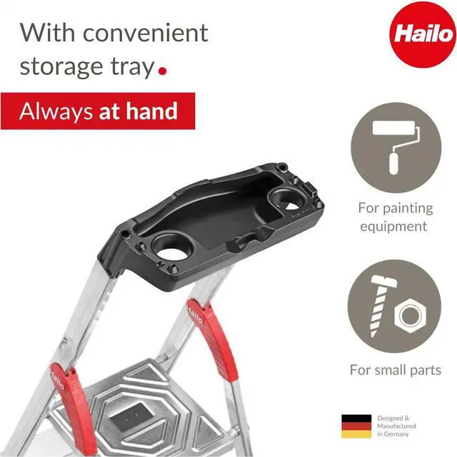 Alt view image 4 of 6 - Hailo L60 StandardLine Aluminum Safety Step Ladder - Folding Ladder With 8 Steps, 330 lb Capacity - Stable Guide Pillar, Shelf Included - Made in Germany, Stainless - Silver