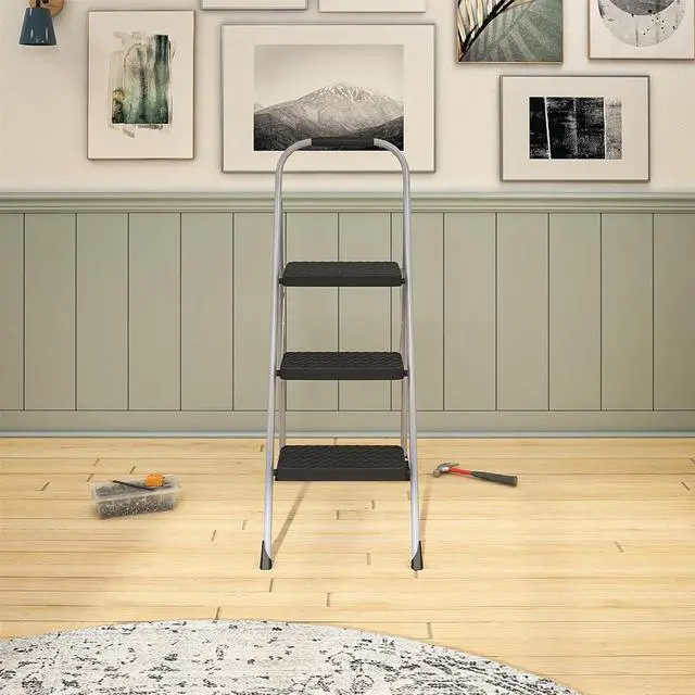 Alt view image 4 of 7 - Cosco 11408PBL1E Three Step Big Step Folding Step Stool with Rubber Hand Grip, Grey