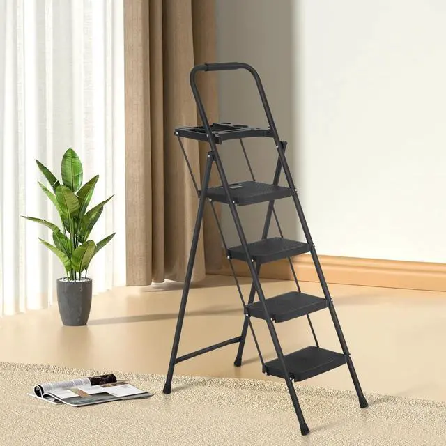 Alt view image 2 of 7 - PayLessHere Step Ladder, Folding Step Stool with Wide Anti-Slip Pedal, Lightweight, Portable Steel Step Stool, Perfect for Kitchen& Household, Indoor and Outdoor, Sturdy Steel Ladder (4-Step)