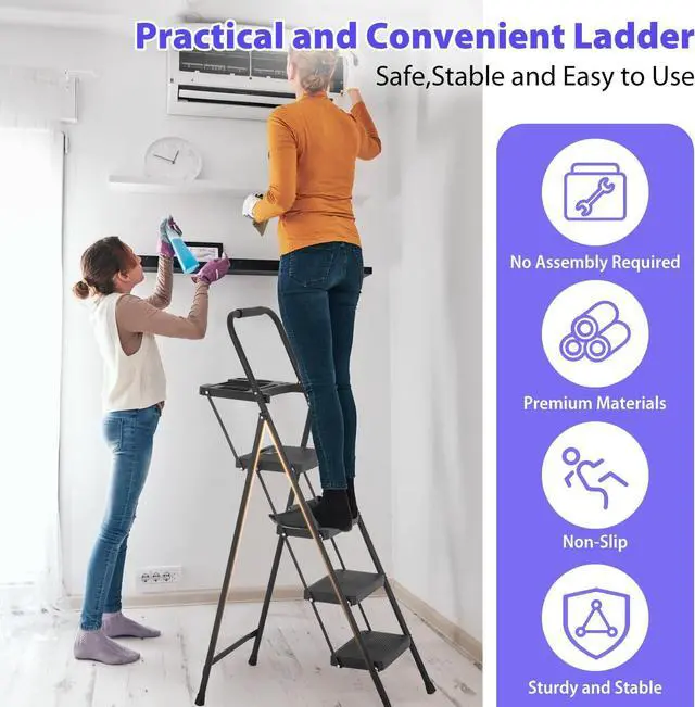 Alt view image 3 of 7 - PayLessHere Step Ladder, Folding Step Stool with Wide Anti-Slip Pedal, Lightweight, Portable Steel Step Stool, Perfect for Kitchen& Household, Indoor and Outdoor, Sturdy Steel Ladder (4-Step)