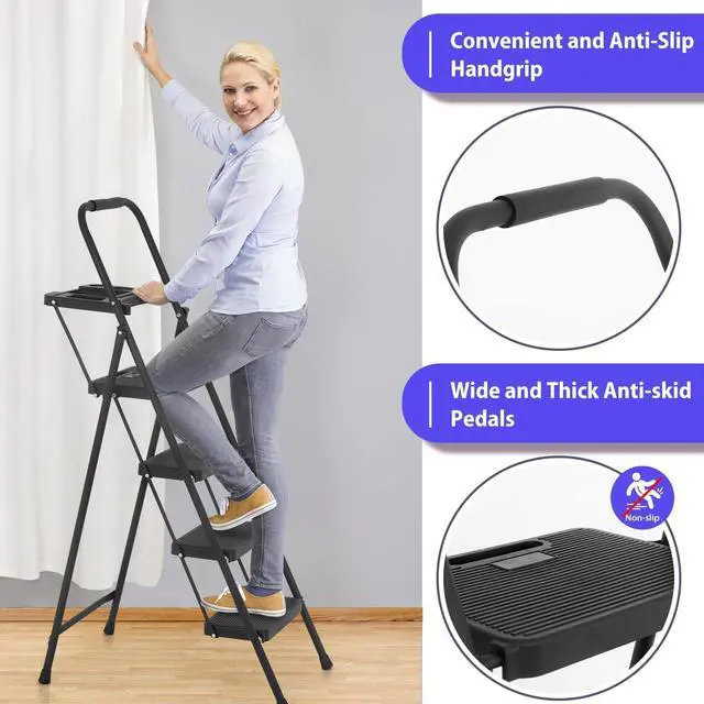 Alt view image 4 of 7 - PayLessHere Step Ladder, Folding Step Stool with Wide Anti-Slip Pedal, Lightweight, Portable Steel Step Stool, Perfect for Kitchen& Household, Indoor and Outdoor, Sturdy Steel Ladder (4-Step)