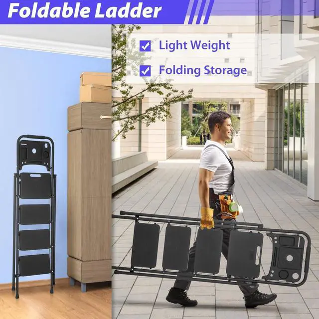 Alt view image 6 of 7 - PayLessHere Step Ladder, Folding Step Stool with Wide Anti-Slip Pedal, Lightweight, Portable Steel Step Stool, Perfect for Kitchen& Household, Indoor and Outdoor, Sturdy Steel Ladder (4-Step)