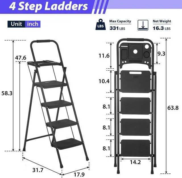 Alt view image 7 of 7 - PayLessHere Step Ladder, Folding Step Stool with Wide Anti-Slip Pedal, Lightweight, Portable Steel Step Stool, Perfect for Kitchen& Household, Indoor and Outdoor, Sturdy Steel Ladder (4-Step)