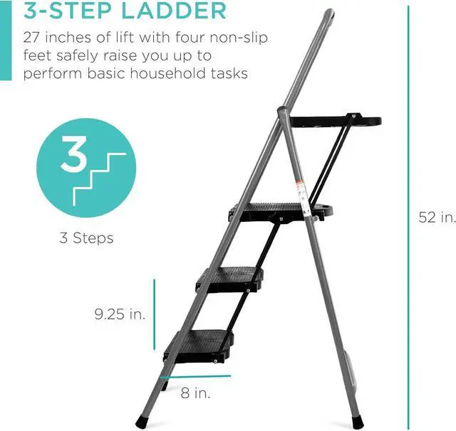 Alt view image 2 of 6 - Best Choice Products 3-Step Ladder with Tool Tray, Portable Folding Wide Anti-Slip Step Stool, Hand Grip for Home and Office, 330lb Capacity