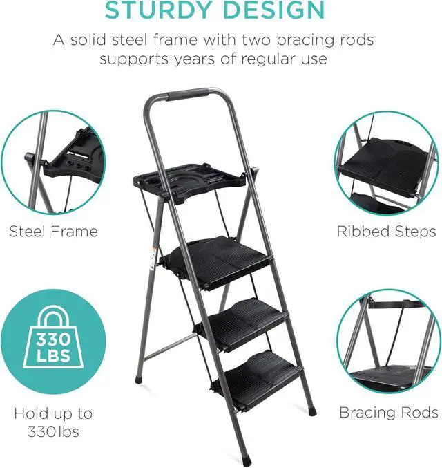 Alt view image 3 of 6 - Best Choice Products 3-Step Ladder with Tool Tray, Portable Folding Wide Anti-Slip Step Stool, Hand Grip for Home and Office, 330lb Capacity