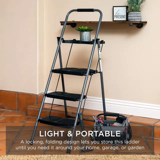 Alt view image 4 of 6 - Best Choice Products 3-Step Ladder with Tool Tray, Portable Folding Wide Anti-Slip Step Stool, Hand Grip for Home and Office, 330lb Capacity