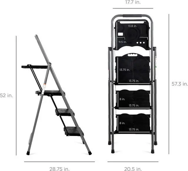 Alt view image 6 of 6 - Best Choice Products 3-Step Ladder with Tool Tray, Portable Folding Wide Anti-Slip Step Stool, Hand Grip for Home and Office, 330lb Capacity