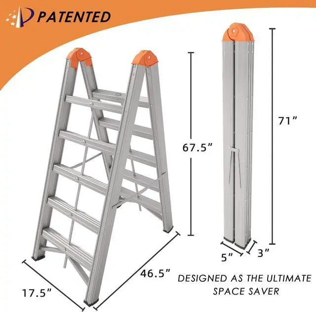 Alt view image 2 of 7 - Aluminum Foldable Twin Front 5-Step Ladder, Compact Step Stool with Wide Anti-Slip Pedal, Portable, 330lb Capacity