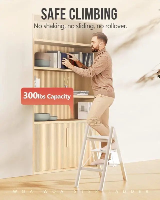 Alt view image 2 of 7 - WOA WOA 3 Step Ladder, Foldable Step Stool, Aluminum Lightweight Ladder for Home Kitchen Closet, Anti-Slip Pedals, Ease of Folding, Portable, 300lbs Capacity - White