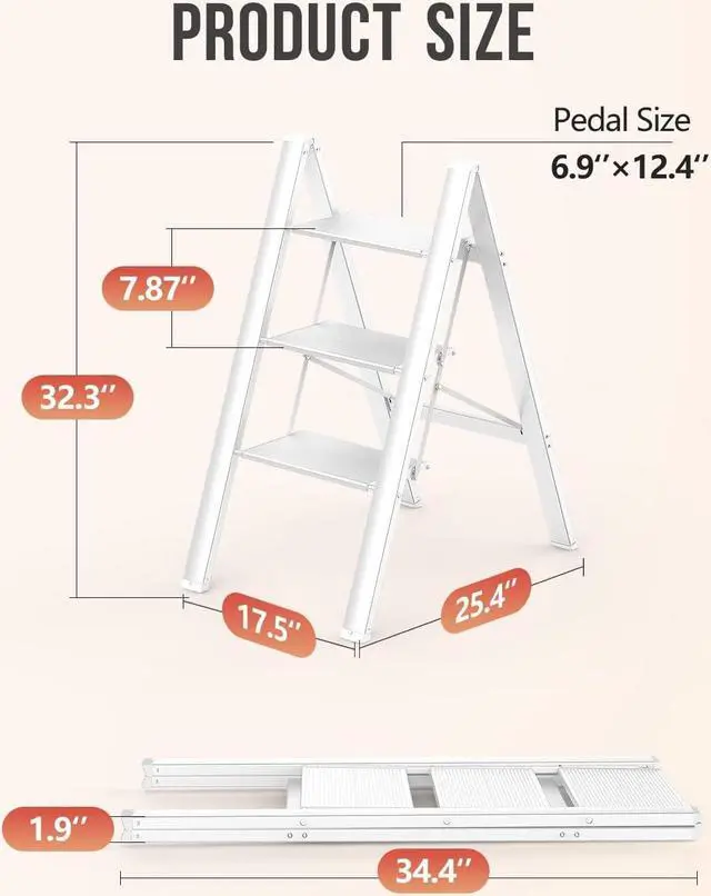 Alt view image 4 of 7 - WOA WOA 3 Step Ladder, Foldable Step Stool, Aluminum Lightweight Ladder for Home Kitchen Closet, Anti-Slip Pedals, Ease of Folding, Portable, 300lbs Capacity - White