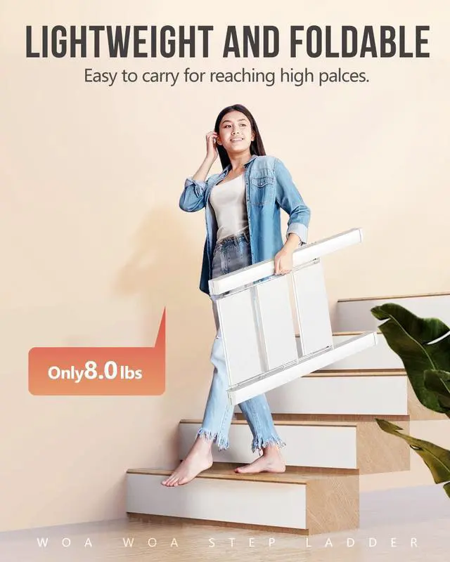 Alt view image 5 of 7 - WOA WOA 3 Step Ladder, Foldable Step Stool, Aluminum Lightweight Ladder for Home Kitchen Closet, Anti-Slip Pedals, Ease of Folding, Portable, 300lbs Capacity - White