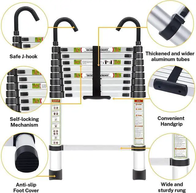 Alt view image 3 of 7 - Telescopic Ladder, 6.5FT RIKADE Aluminum Telescoping Ladder with Non-Slip Feet and Stable Hook, Portable Extension Ladder for Household and Outdoor Working, 330lb Capacity