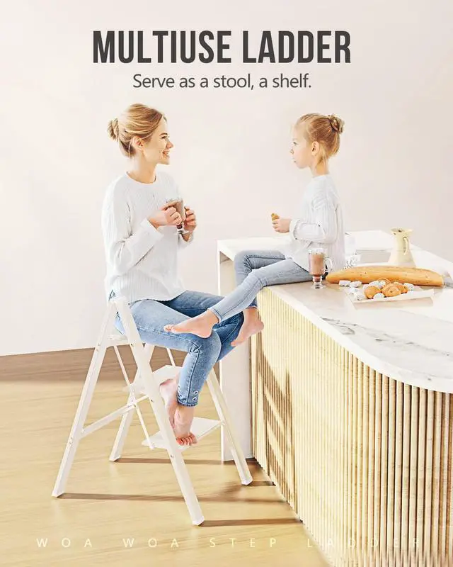 Alt view image 7 of 7 - WOA WOA 3 Step Ladder, Foldable Step Stool, Aluminum Lightweight Ladder for Home Kitchen Closet, Anti-Slip Pedals, Ease of Folding, Portable, 300lbs Capacity - White