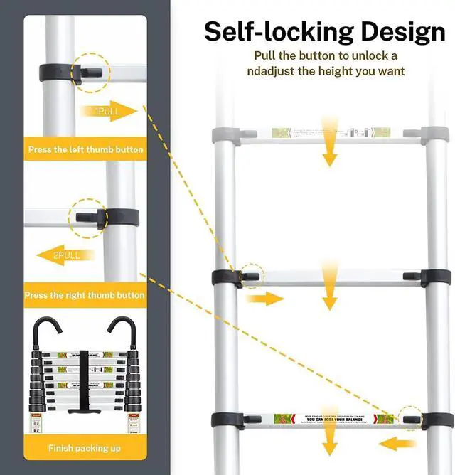 Alt view image 5 of 7 - Telescopic Ladder, 6.5FT RIKADE Aluminum Telescoping Ladder with Non-Slip Feet and Stable Hook, Portable Extension Ladder for Household and Outdoor Working, 330lb Capacity