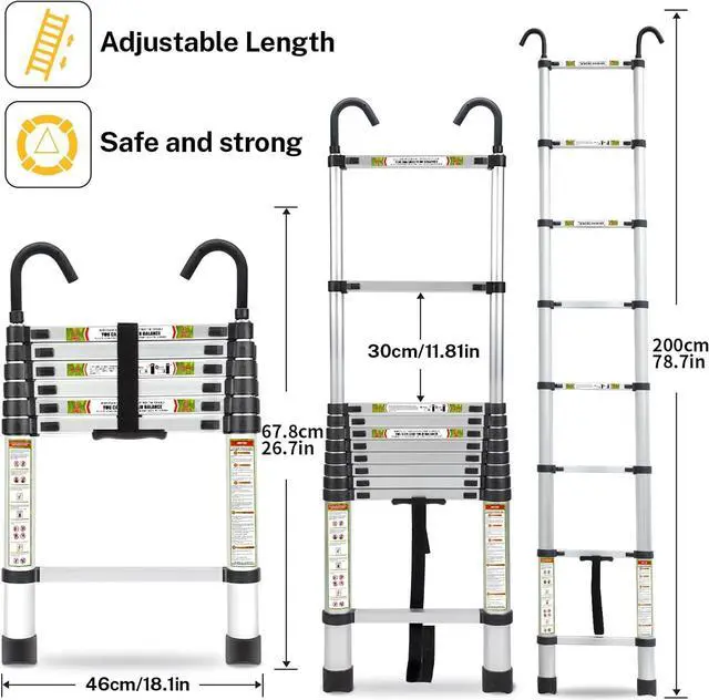 Alt view image 2 of 7 - Telescopic Ladder, 6.5FT RIKADE Aluminum Telescoping Ladder with Non-Slip Feet and Stable Hook, Portable Extension Ladder for Household and Outdoor Working, 330lb Capacity