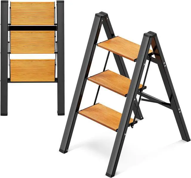 Main image of GameGem 3 Step Ladder, Aluminum Folding Step Stool with Anti-Slip Sturdy and Wide Pedal, Lightweight Portable Stepladder for Home and Kitchen Use Space Saving, 330 lbs, Black Woodgrain