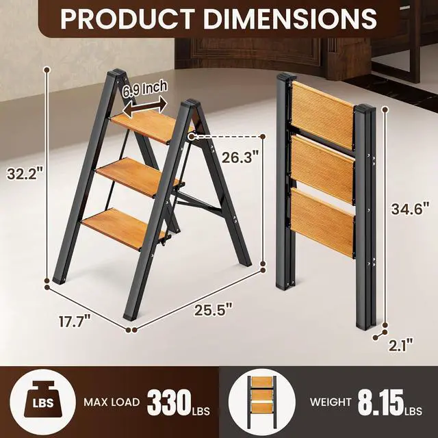 Alt view image 2 of 7 - GameGem 3 Step Ladder, Aluminum Folding Step Stool with Anti-Slip Sturdy and Wide Pedal, Lightweight Portable Stepladder for Home and Kitchen Use Space Saving, 330 lbs, Black Woodgrain