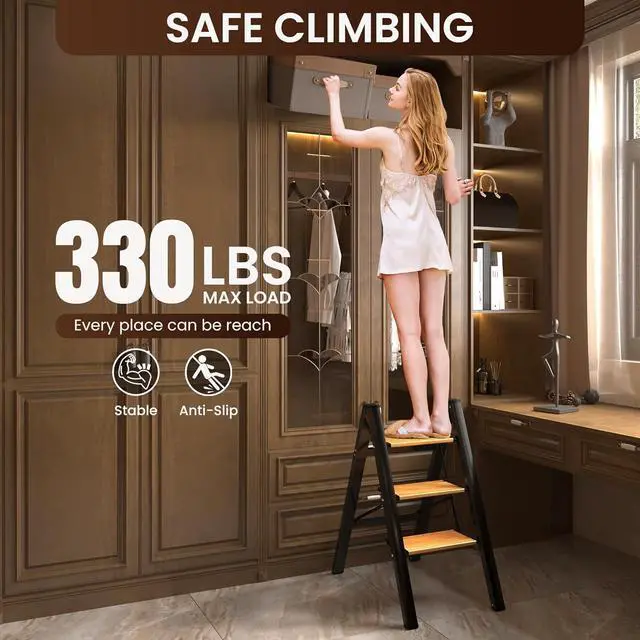 Alt view image 3 of 7 - GameGem 3 Step Ladder, Aluminum Folding Step Stool with Anti-Slip Sturdy and Wide Pedal, Lightweight Portable Stepladder for Home and Kitchen Use Space Saving, 330 lbs, Black Woodgrain