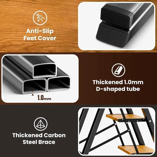Alt view image 4 of 7 - GameGem 3 Step Ladder, Aluminum Folding Step Stool with Anti-Slip Sturdy and Wide Pedal, Lightweight Portable Stepladder for Home and Kitchen Use Space Saving, 330 lbs, Black Woodgrain