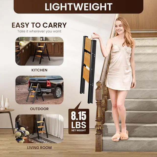 Alt view image 6 of 7 - GameGem 3 Step Ladder, Aluminum Folding Step Stool with Anti-Slip Sturdy and Wide Pedal, Lightweight Portable Stepladder for Home and Kitchen Use Space Saving, 330 lbs, Black Woodgrain
