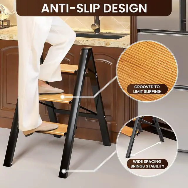 Alt view image 5 of 7 - GameGem 3 Step Ladder, Aluminum Folding Step Stool with Anti-Slip Sturdy and Wide Pedal, Lightweight Portable Stepladder for Home and Kitchen Use Space Saving, 330 lbs, Black Woodgrain