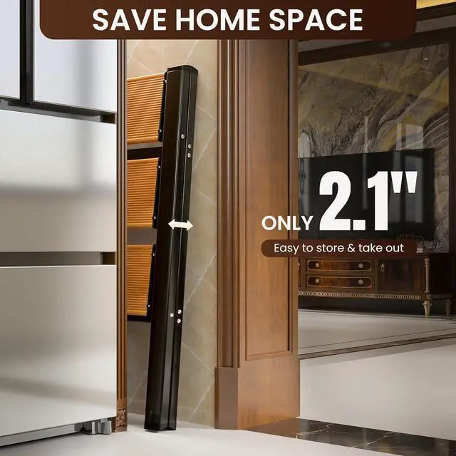 Alt view image 7 of 7 - GameGem 3 Step Ladder, Aluminum Folding Step Stool with Anti-Slip Sturdy and Wide Pedal, Lightweight Portable Stepladder for Home and Kitchen Use Space Saving, 330 lbs, Black Woodgrain