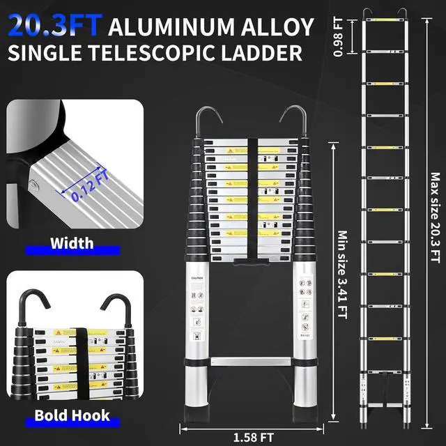 Alt view image 3 of 7 - JADDUO 20.3 FT Telescopic Ladder, Aluminium Silver Telescoping Ladder with Non-Slip Feet and Stable Hook, Portable Extension Ladder for Household and Outdoor Working, Heavy Duty 330 lbs Max Capacity