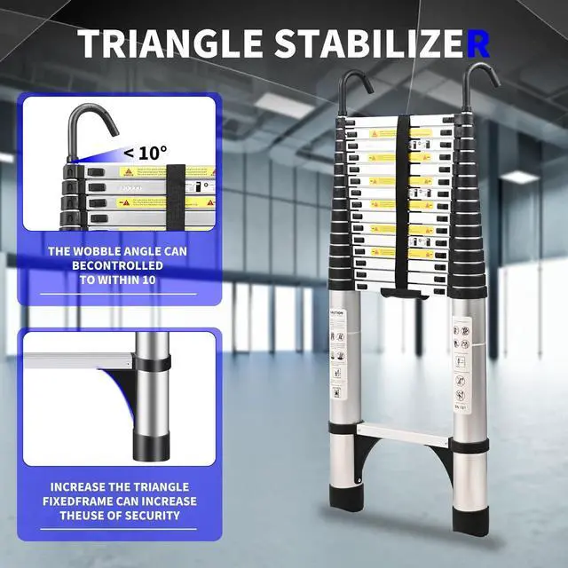 Alt view image 4 of 7 - JADDUO 20.3 FT Telescopic Ladder, Aluminium Silver Telescoping Ladder with Non-Slip Feet and Stable Hook, Portable Extension Ladder for Household and Outdoor Working, Heavy Duty 330 lbs Max Capacity