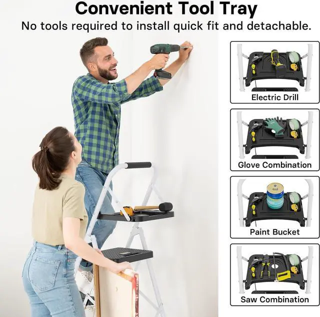Alt view image 3 of 7 - BONTEC 4-Step Ladder, Folding Step Stool with Tool Platform, Wide Anti-Slip Pedals, Max Load Capacity 400lbs Sturdy Steel Ladder, Lightweight Portable Ladder, Tall Step Ladder for House Use, White