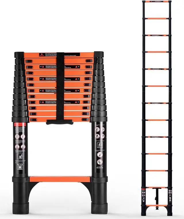 Alt view image 7 of 7 - 12.5 FT Telescoping Ladder, ANSI Certified, Type I Heavy Duty, 330lbs Max Capacity, Aluminum Extension Ladder for Home, Roof, RV; Orange
