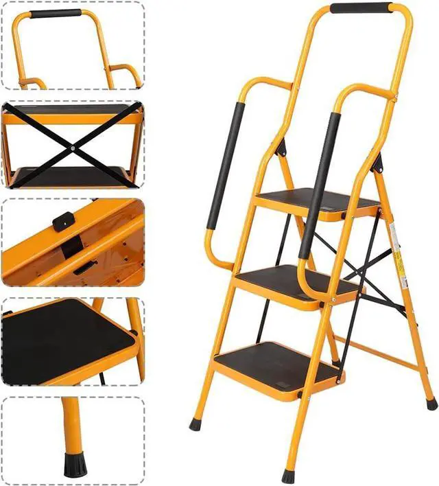 Alt view image 4 of 7 - Winado 3 Step Ladder with Handrails, 330lbs Folding Step Stool, w/Non-Slip Side Armrests Large Pedal Area, Suitable for Home Office