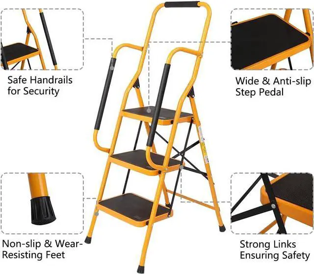 Alt view image 5 of 7 - Winado 3 Step Ladder with Handrails, 330lbs Folding Step Stool, w/Non-Slip Side Armrests Large Pedal Area, Suitable for Home Office