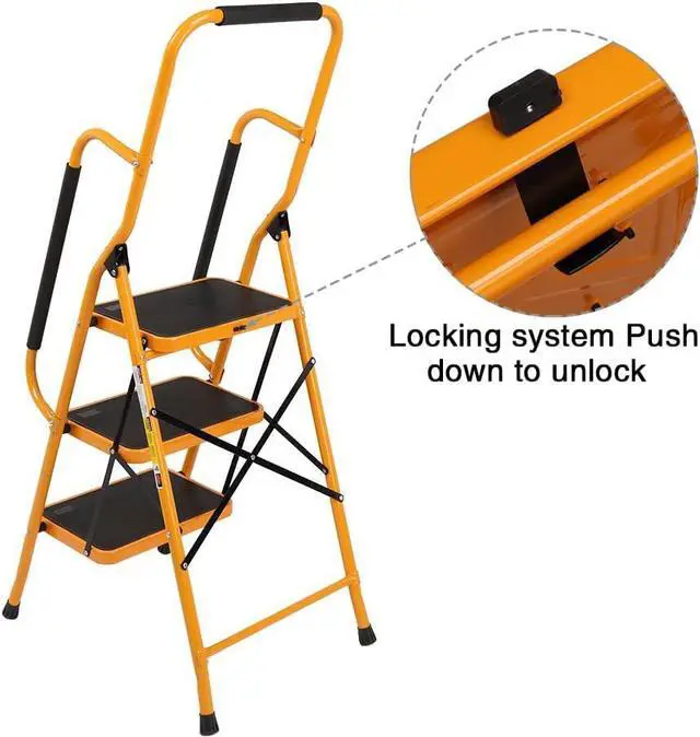 Alt view image 2 of 7 - Winado 3 Step Ladder with Handrails, 330lbs Folding Step Stool, w/Non-Slip Side Armrests Large Pedal Area, Suitable for Home Office