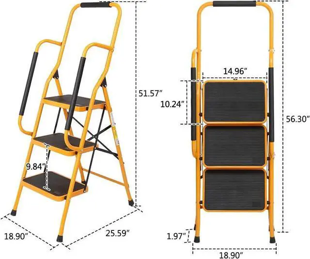 Alt view image 6 of 7 - Winado 3 Step Ladder with Handrails, 330lbs Folding Step Stool, w/Non-Slip Side Armrests Large Pedal Area, Suitable for Home Office