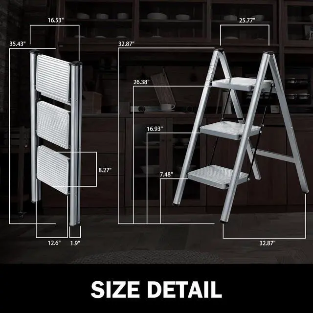 Alt view image 7 of 7 - XinSunho 3 Step Ladder, Lightweight Folding Step Stool with Anti-Slip Wide Pedal, Portable Sturdy Steel Ladder 3 Steps, 331lbs Safety Kitchen & Household Ladder
