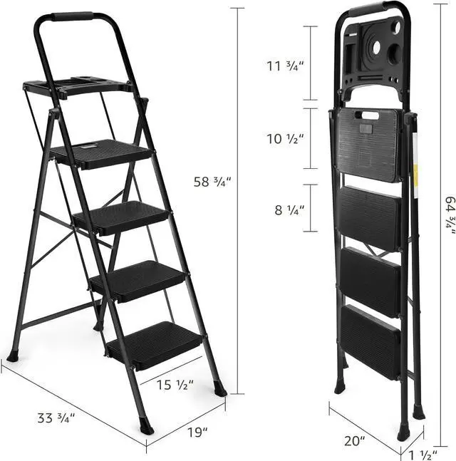 Alt view image 2 of 7 - 4-Step Ladder with Tool Platform, Wide Anti-Slip Platform & Thick Rubber Feet - Lightweight Heavy Duty Foldable & Portable - 330 lbs Capacity, Rubber Handgrip, Folding Step Stool - Black