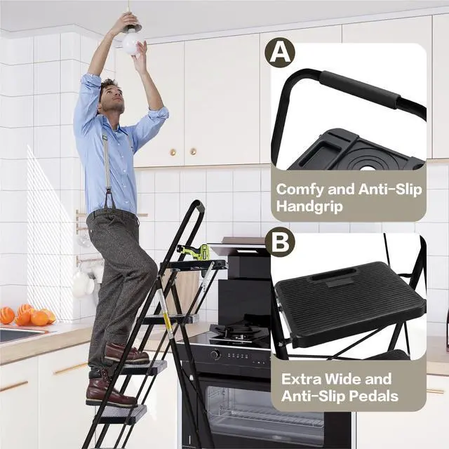 Alt view image 4 of 7 - 4-Step Ladder with Tool Platform, Wide Anti-Slip Platform & Thick Rubber Feet - Lightweight Heavy Duty Foldable & Portable - 330 lbs Capacity, Rubber Handgrip, Folding Step Stool - Black