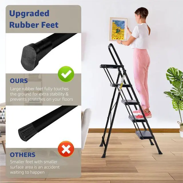 Alt view image 5 of 7 - 4-Step Ladder with Tool Platform, Wide Anti-Slip Platform & Thick Rubber Feet - Lightweight Heavy Duty Foldable & Portable - 330 lbs Capacity, Rubber Handgrip, Folding Step Stool - Black