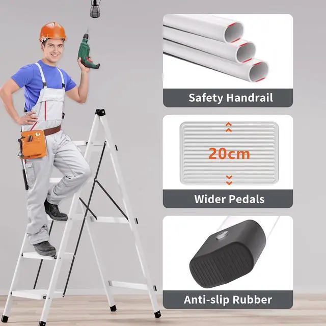Alt view image 3 of 7 - JOISCOPE 3 Step Ladder Folding Step Stool for Adults with Wide Anti Slip Pedal, 400 lbs Capacity Lightweight Small Strudy Step Ladder for Home Kitchen Office, White