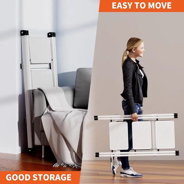 Alt view image 6 of 7 - JOISCOPE 3 Step Ladder Folding Step Stool for Adults with Wide Anti Slip Pedal, 400 lbs Capacity Lightweight Small Strudy Step Ladder for Home Kitchen Office, White