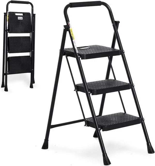 Main image of Step Ladder 3 Step Folding with Handgrip, 500Lbs Steel Step Stool, Folding Ladder with Anti-Slip Wide Pedals, Portable Kitchen/Closet Small Step Ladder, Multi-use Step Stool Black by Double Elite