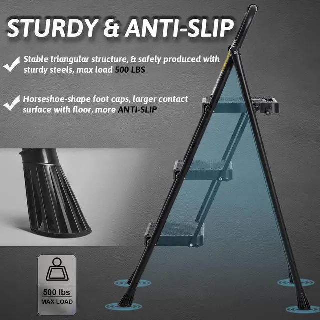 Alt view image 2 of 7 - Step Ladder 3 Step Folding with Handgrip, 500Lbs Steel Step Stool, Folding Ladder with Anti-Slip Wide Pedals, Portable Kitchen/Closet Small Step Ladder, Multi-use Step Stool Black by Double Elite
