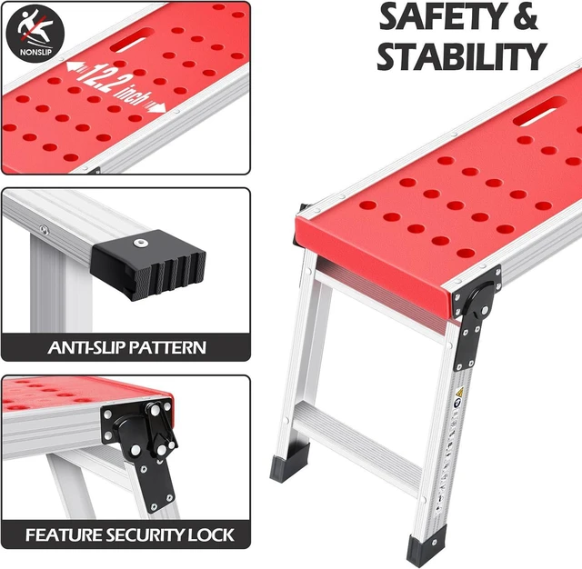Alt view image 2 of 7 - KINGRACK Folding Work Platform, Adjustable Step Ladder with Anti-Slip Feet Cover, Lightweight Stepladder with Safety Lock for Home, Office, Workshop and Garage, Maximum Load 330lbs