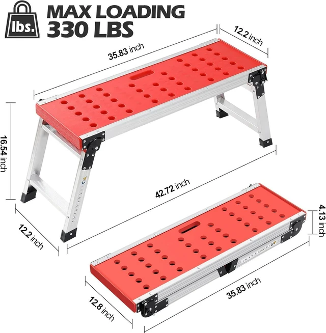 Alt view image 5 of 7 - KINGRACK Folding Work Platform, Adjustable Step Ladder with Anti-Slip Feet Cover, Lightweight Stepladder with Safety Lock for Home, Office, Workshop and Garage, Maximum Load 330lbs