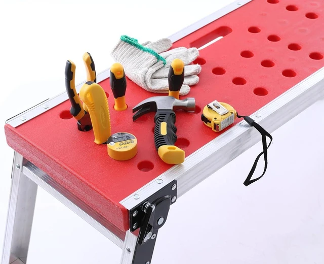 Alt view image 7 of 7 - KINGRACK Folding Work Platform, Adjustable Step Ladder with Anti-Slip Feet Cover, Lightweight Stepladder with Safety Lock for Home, Office, Workshop and Garage, Maximum Load 330lbs