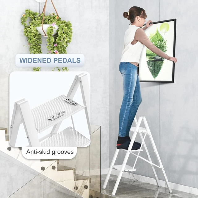 Alt view image 2 of 6 - 3 Step Ladder Folding Ladder Stool Portable Step Ladder Lightweight Aluminum Wide Anti Slip Pedal Multifunctional Household Adults Stepladder White 330lb