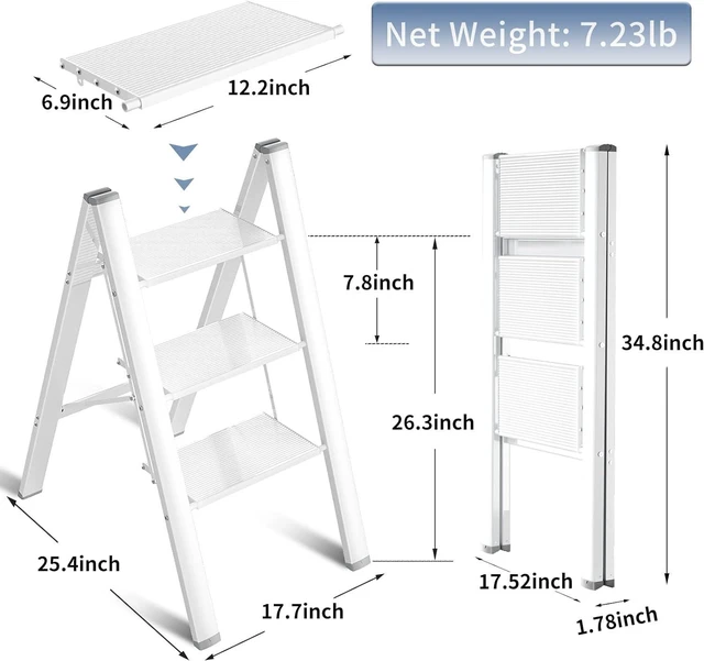 Alt view image 3 of 6 - 3 Step Ladder Folding Ladder Stool Portable Step Ladder Lightweight Aluminum Wide Anti Slip Pedal Multifunctional Household Adults Stepladder White 330lb